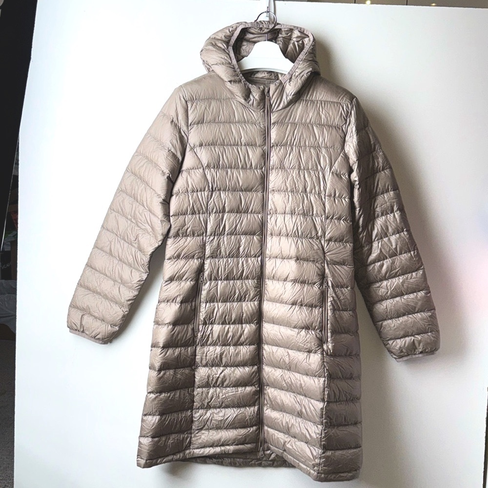 Aritzia Long Quilted Hooded Puffer Coat in Light Taupe